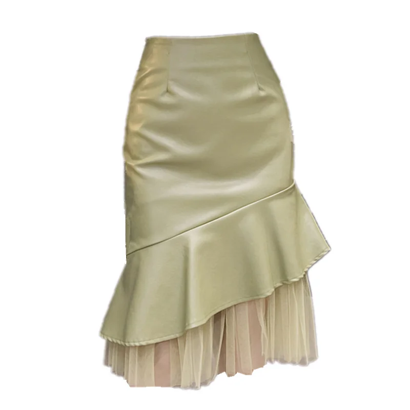 green skirt Осенне-зимняя желтая юбка из искусственной кожи с оборками Женская Лоскутная Асимметричная юбка с высокой талией Корейская S-XL размера плюс сетчатая Женская юбка - Цвет: green skirt