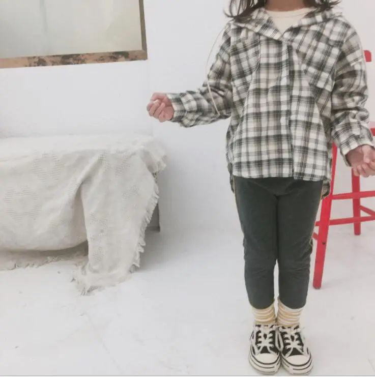 Серый New Girls Boys Plaid Shirt Cotton Full Sleeve Autumn Fashion Kids Hooded Top 2-7t PZ586 - Цвет: Серый