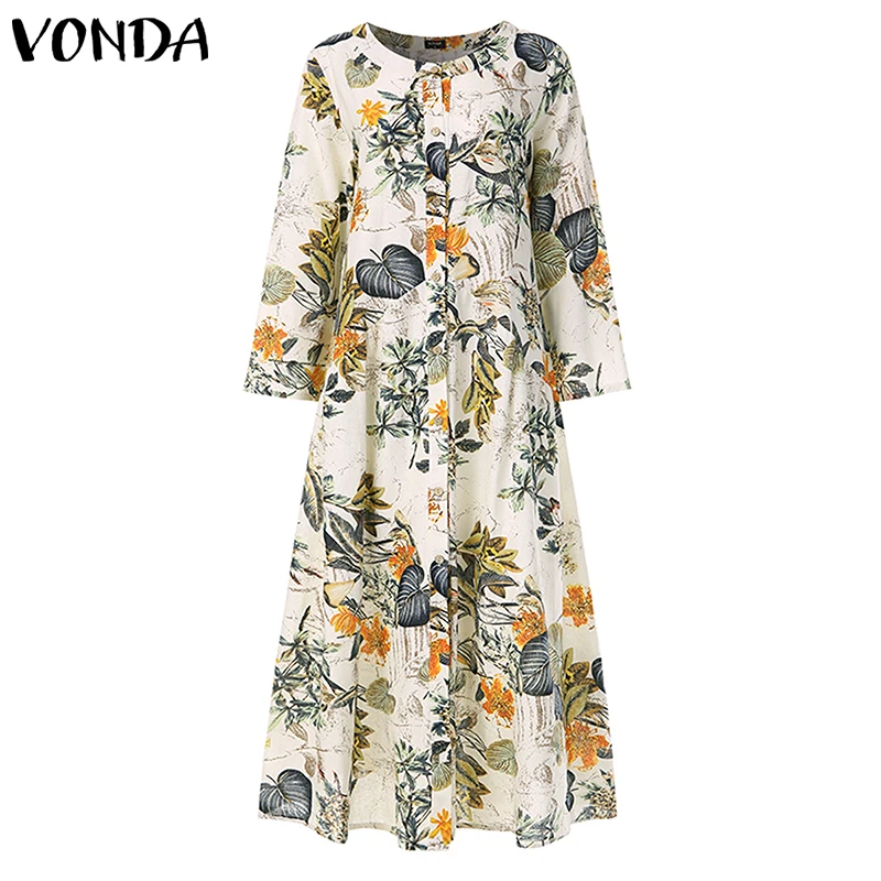 VONDA, модное Платье макси с цветочным принтом, женское платье с v-образным вырезом и длинным рукавом, богемное длинное платье размера плюс, женское платье, Vestidos 5XL