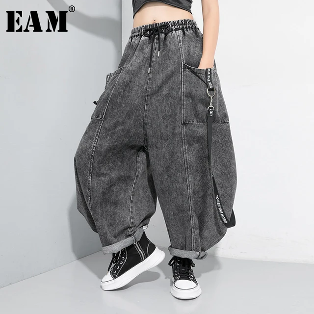 US $32.16 [EAM] Wide Leg Black Big Size Ribbon Stitch Jeans New High Waist Loose Women Trousers Fashion Tide 