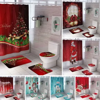 

Christmas Shower Curtain Carpet Bathroom Set Santa Combination Snowman Elk Balloon Print Pattern Atmosphere Decoration NEW!