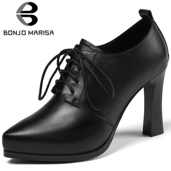 

BONJOMARISA Brand Lady Fashion Pumps Lace Up High Heels Genuine Leather Ol Casual Pumps Women Spring Autumn Shoes Woman