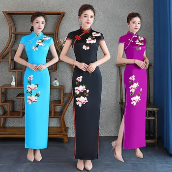

Embroidery Floral Lake Blue Elegant Satin Handmade Button Silm Qipao Chinese Traditional Women Dress Vintage Lady Sexy Cheongsam