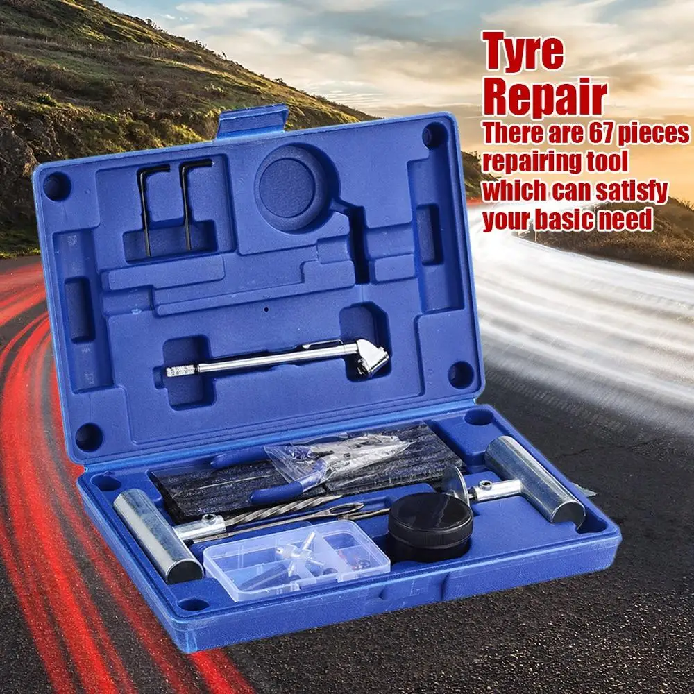 

67PCS Tire Repair Kit Tyre Repairing Tools Set Handle Tire Plugs Box Strips String Glue Repair Rubber Strips for Car Motorcycles