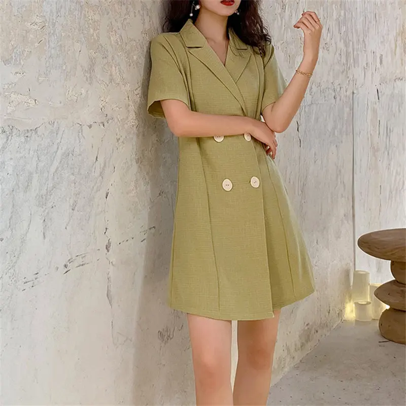 

HziriP French Solid Women Waist-Controlled Double Breasted Notched New Elegant Chic Summer Vintage Fresh Casual Loose Dresses