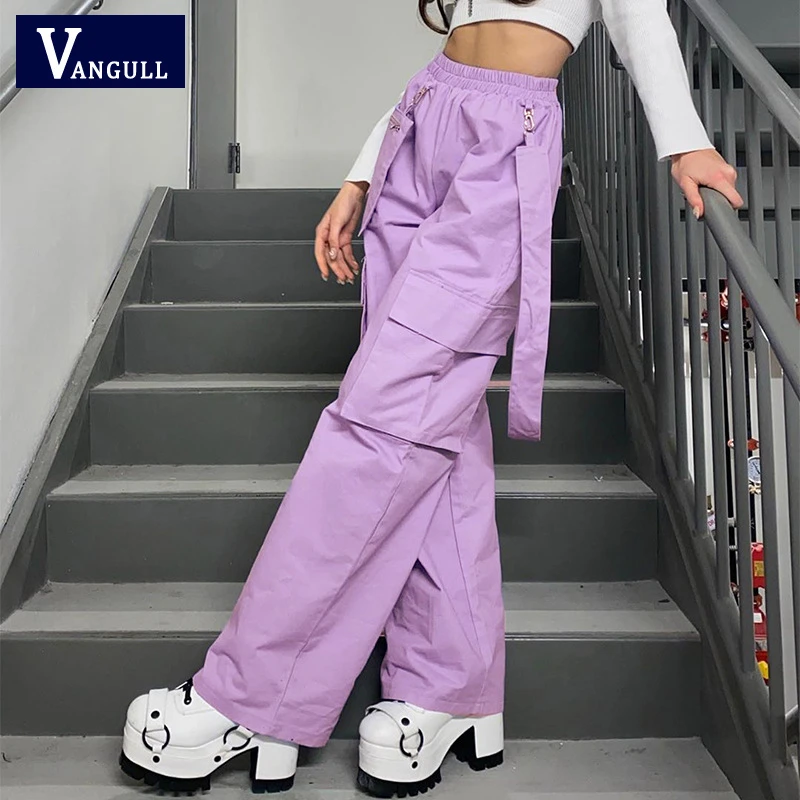 Vangull Purple Joggers Straight Pants Women Streetwear Casual Loose Cargo Pants Elastic High Waist Hip Hop Cotton Trousers|Pants \u0026 Capris| - AliExpress