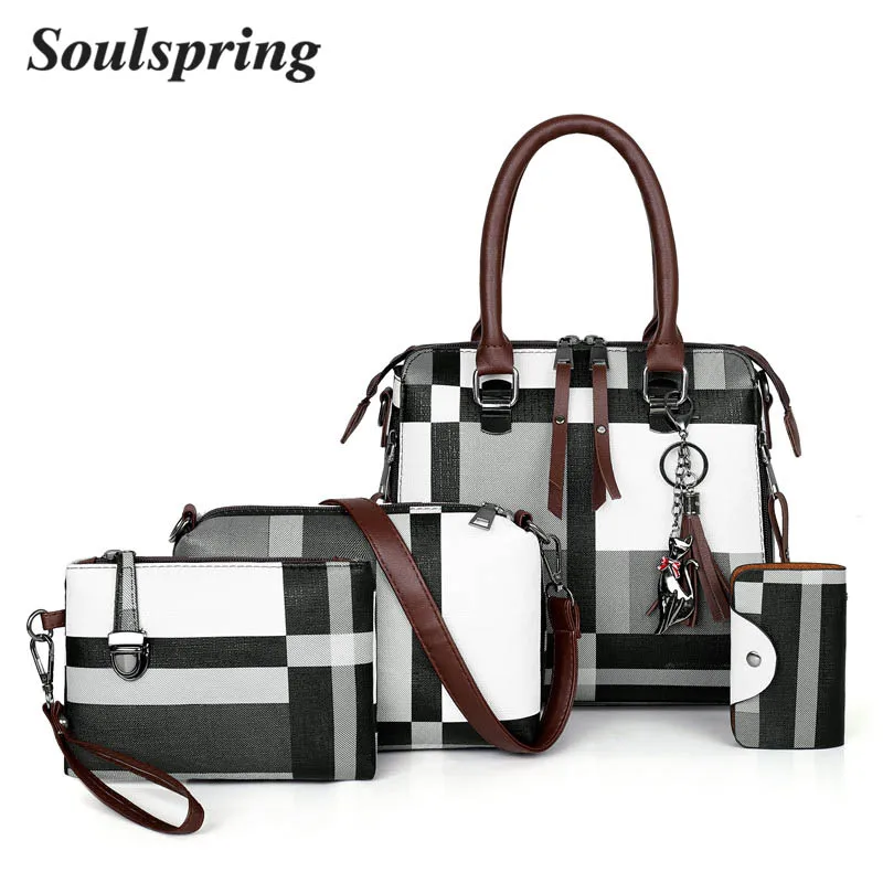 

New 4PCS Set Purses and Handbags Tassel PU Leather Plaid Shoulder Bag For Women Fashion Top-Handle Bag Female Bolsa Feminina