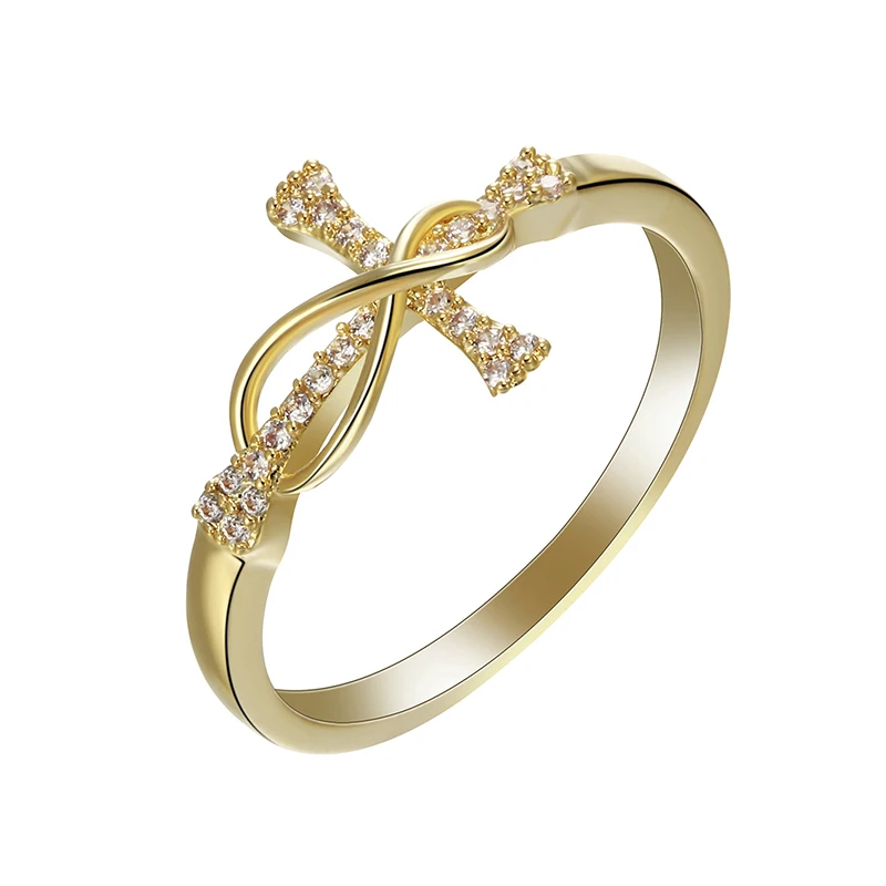 Klasyczny elegancki złoty kolor krzyż wkładka biały kryształowy palec pierścień kobiety zaręczyny Wedding Party biżuteria prezent