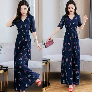 

Summer new women fashion large size flower printing drape chiffon wide-legged pants jumpsuits female plus size jumpsuits