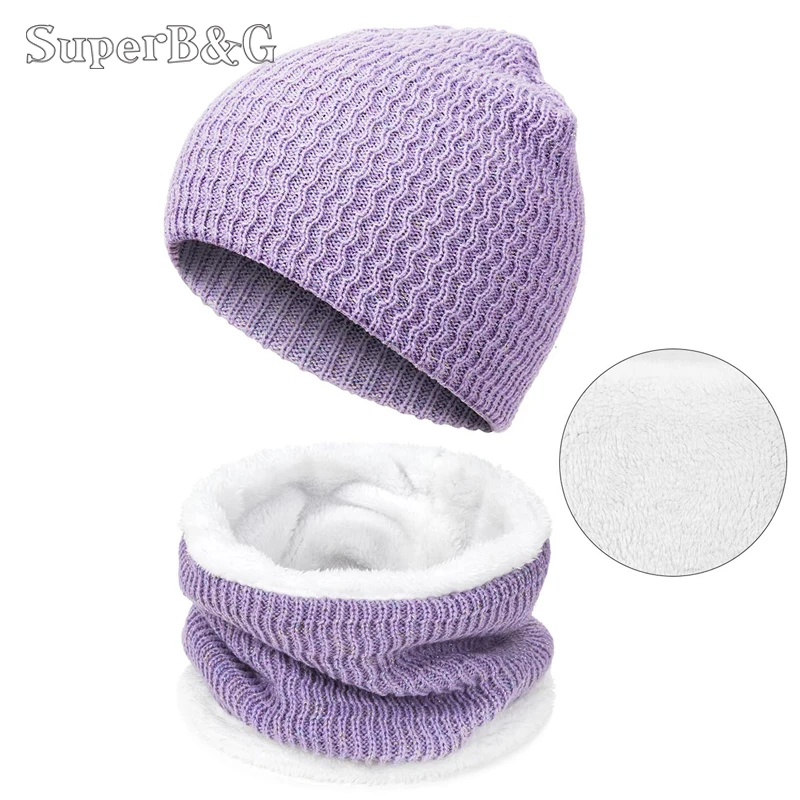 Новинка, женская зимняя шапка, шарф, костюм, вязаная теплая шапка бини, шапка для женщин, сплошной цвет, уплотненный плюс бархатный шарф, зимний теплый костюм