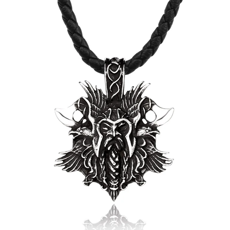 Vintage Gothic Pirate Double Axe Pendant Punk Stainless Steel Viking Odin Riding Crow Pendant Fashion Men Hip Hop Party Jewelry