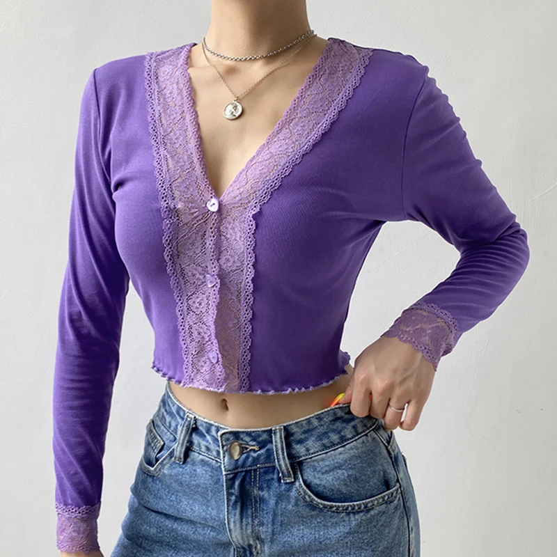 IAMSURE 2020 Autumn Fashion Lace Patchwork Women Cardigan Blouses Sexy V-Neck Fitness Aesthetic 90s Crop Top Shirt Streetwear