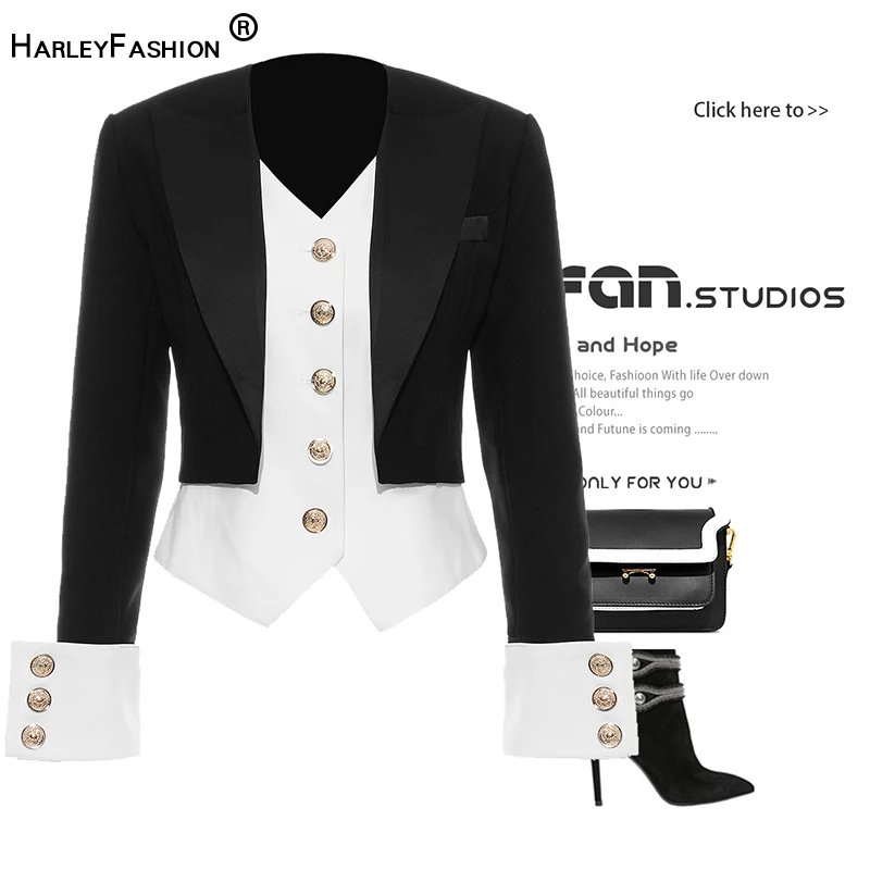 HarleyFashion элегантные европейские женские облегающие короткие куртки весна с длинным рукавом v-образным вырезом лоскутное повседневное пальто