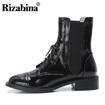 

RIZABINA Classic Chelsea Boots Woman Real Leather Ankle Boots Round Toe Lace Up Thick Heels Shoes Women Footwear Size 33-40