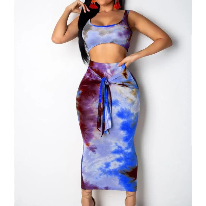 Mooie Vrouwen Sexy Tie Verven Afdrukken 2 Delige Set Mouwloze Crop Top Bodycon Midi Rok Party Pak Zomer Bandage Outfits