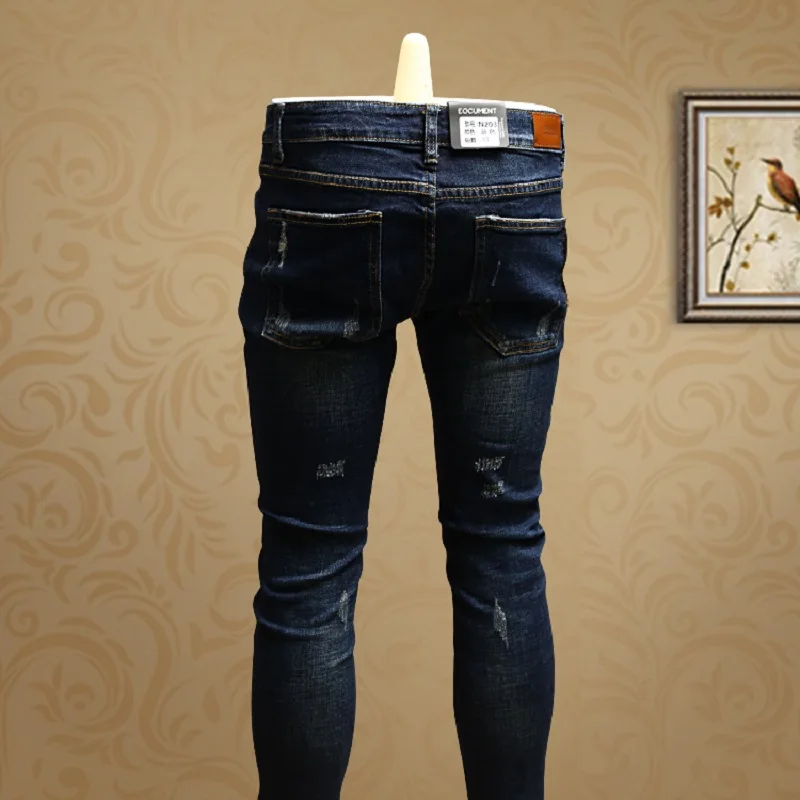 Fashion Skinny Ripped Blue Jeans Men Quality Cotton Streetwear Slim Fit Straight Stretch Denim Pants