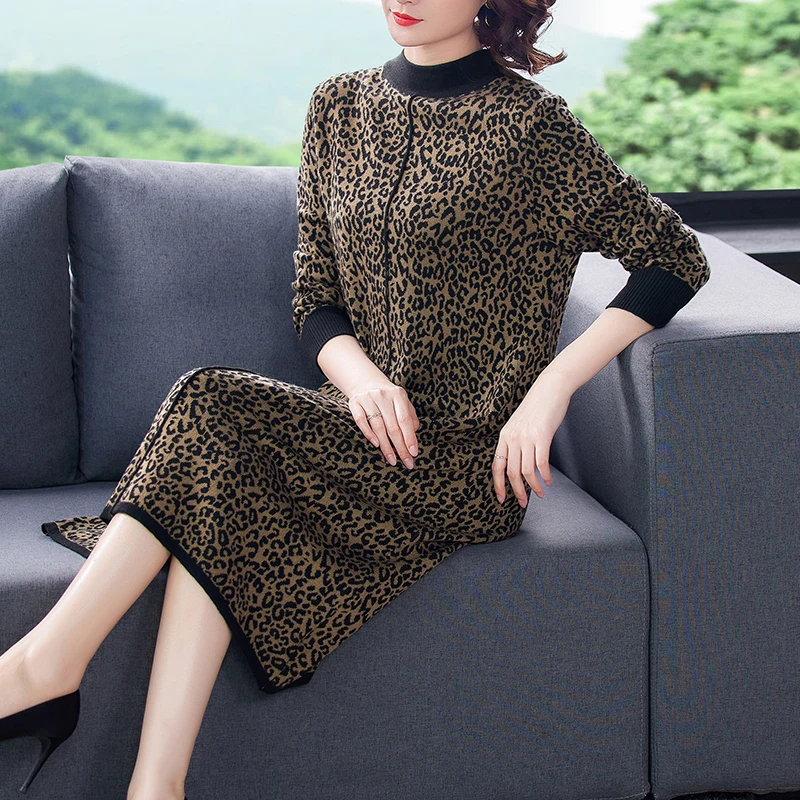 

2023 Autumn Vintage Leopard Print Sweater Dresses Winter Casual Knitting Midi Dress Elegant Bodycon Women Evening Vestidos