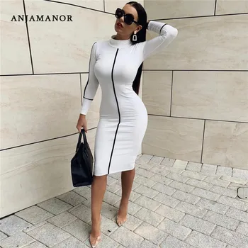 

ANJAMANOR Fashion Long Sleeve Midi Bodycon Dress Geometric Elegant Fall Dresses for Women Sexy Club Wear Spring 2020 D83-AZ85