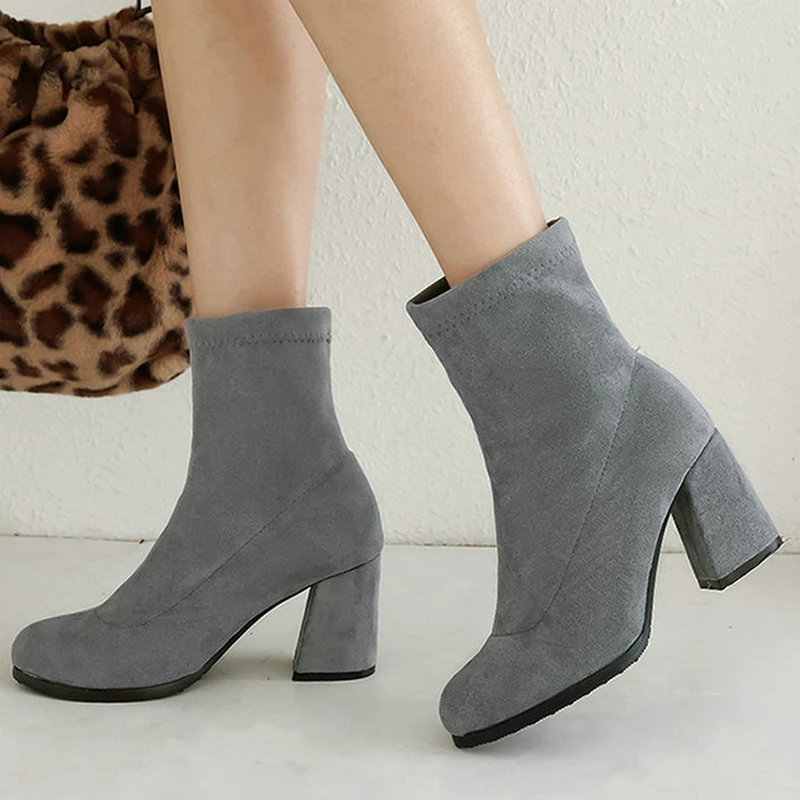 

Women Ankle Boots Artificial Suede Square High Heels Retro Round Toe Elastic Boots Ladies Comfortable Winter Autumn Shoes Black