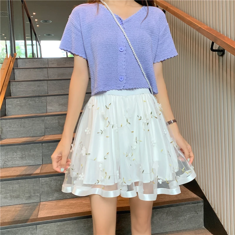 skater skirt ZuoLunOuBa Fashion Summer Sexy Mini Women Skirt Embroidery Jacquard Net Yarn Flowers Elastic Waist Black Harajuku Skirts Female jean skirt