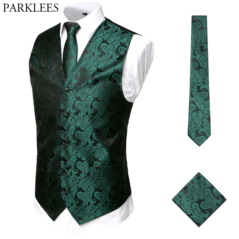 Classic Paisley Men Vest Set(Vest+Necktie+Pocket) 3pcs Vest Men Jacquard Wedding Party Mens Suit Vests Casual Waistcoat Men USA