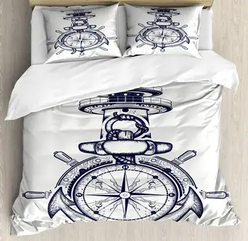 

Nautical Duvet Cover Set Marine Composition of Anchor Steering Wheel Lighthouse and Compass Decorative 3 Piece Bedding Set