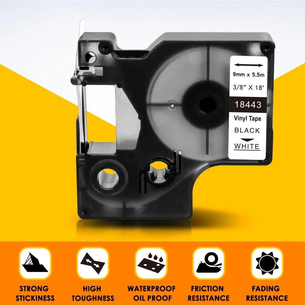 20PK 18443 Hitam Putih untuk DYMO 18443 Badak IND Vinyl Label Dymo Rhino  1000 3000 4200 5000 5200 6000 Industri Cetak Label