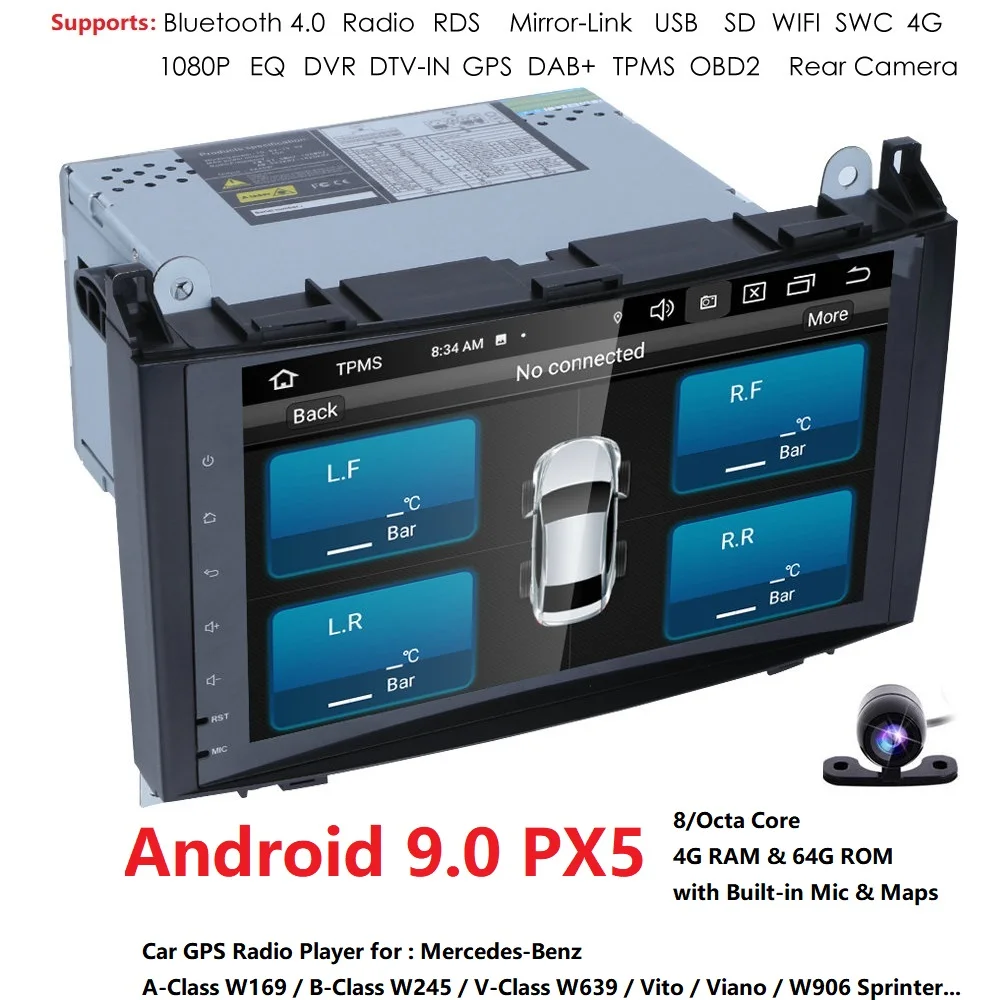 

4G RAM 64G ROM Android 9.0 Mercedes Benz B200 A B Class W169 W245 Viano Vito W639 Sprint Car Radio no DVD Player GPS Head unit Bluetooth Wifi USB RDS Camera SWC DTV Mirror Link DSP IPS PX5