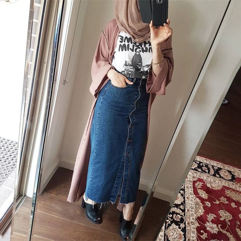 

Fashion large size bag hips under the skirt summer dress Muslim casual long button denim bag hip skirt Middle Eastern skirt