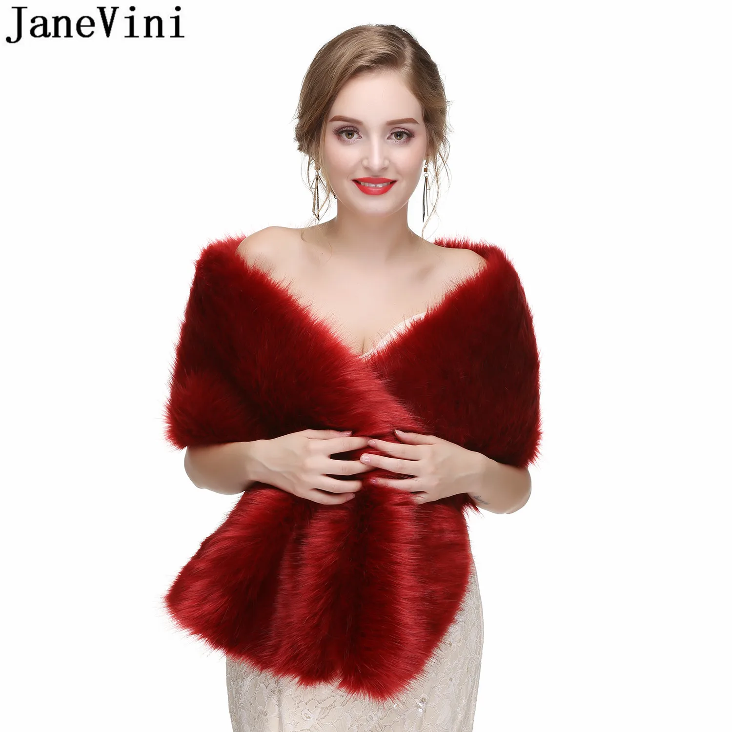 JaneVini Burgundy Bridal Wraps Fourrure Mariage Fur Shawl Cape Femme Faux Fox Fur Women Wedding Boleros Winter Warm Stoles Scarf