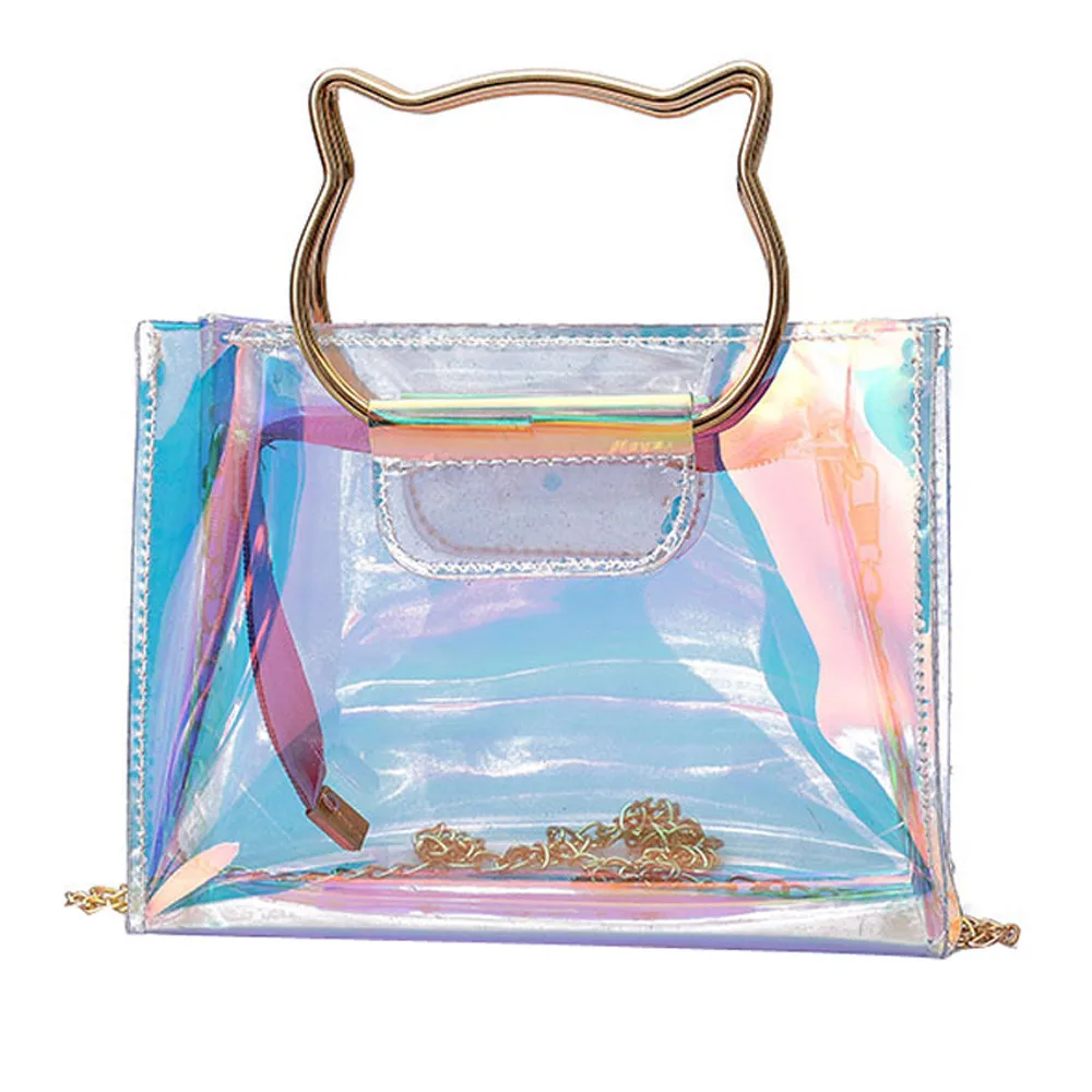 Лазерная сумка на плечо голографическая сумка для женщин Мини сумка-мессенджер с цепочкой кошка подвеска на сумку сумки через плечо