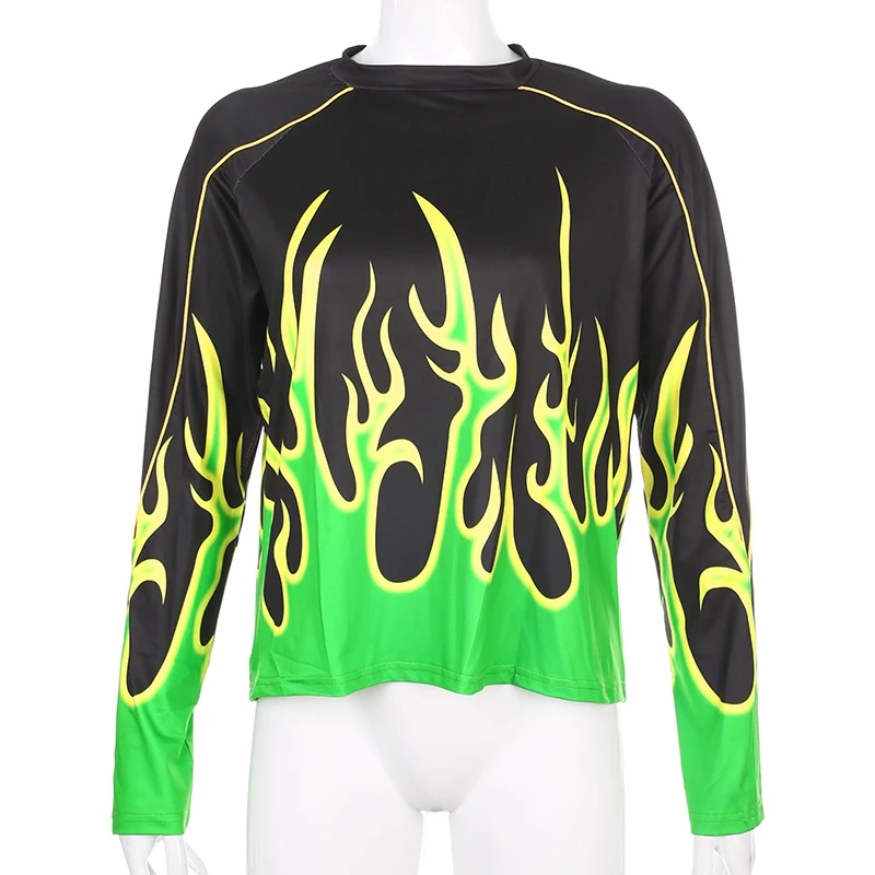 Darlingaga Streetwear Flame Fire Print Two Piece Women Tracksuit Festival Loose Pullover Top Biker Shorts Outfits Matching Sets