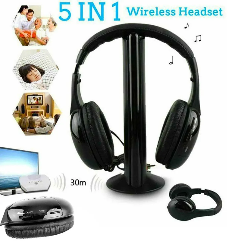 

MH2001 5 in 1 Wireless Headphone with Microphone Emitter for FM Monitor Radio MP3 TV Ipod Super Bass Cordless Headset Earphone