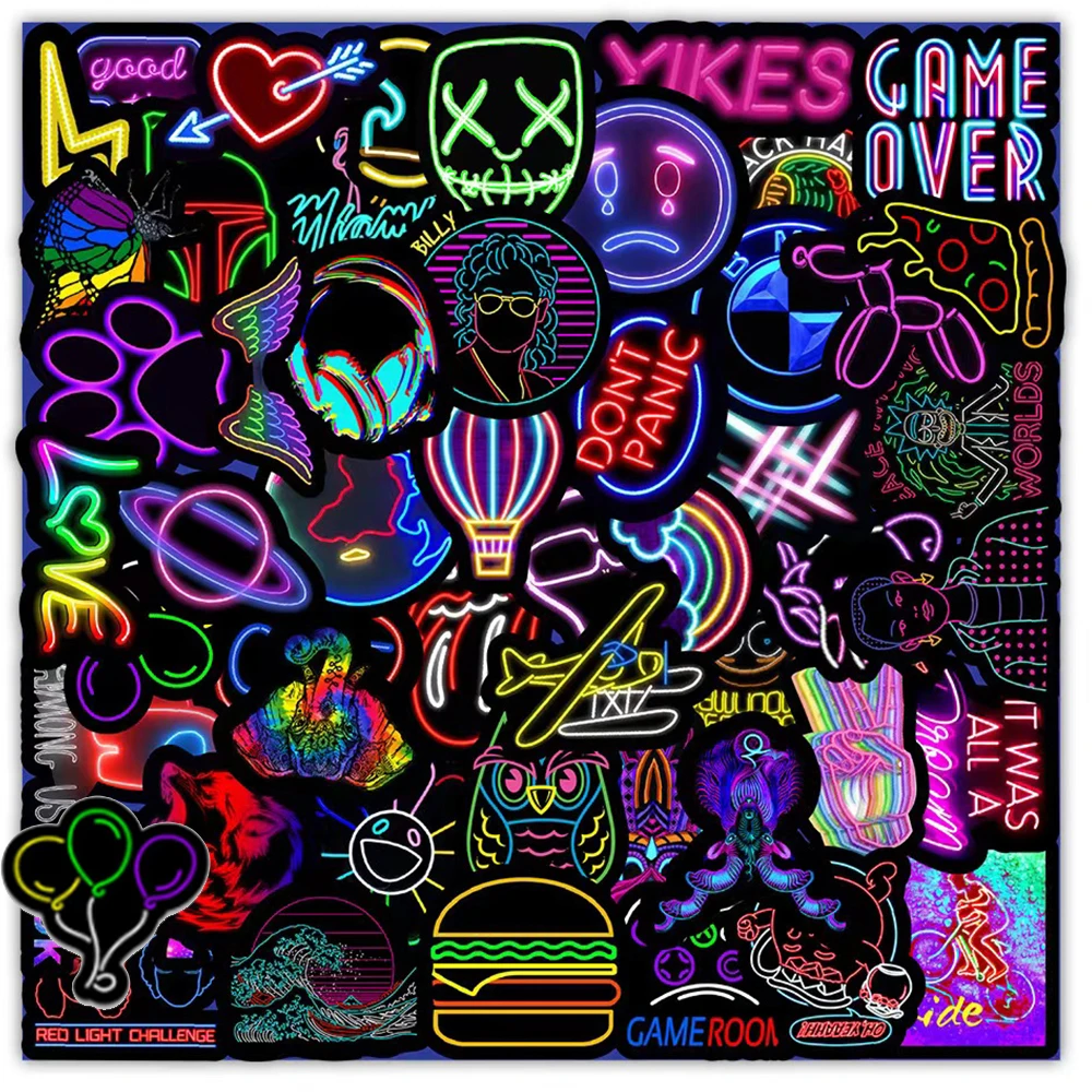 50PCS Cartoon Neon Light Graffiti Stickers Car Guitar Motorcycle Luggage Suitcase DIY Classic Toy Decal Sticker for Kid 60pcs funny neon light stickers aesthetic graffiti decals for suitcase stationery phone guitar fridge stickers kids toys