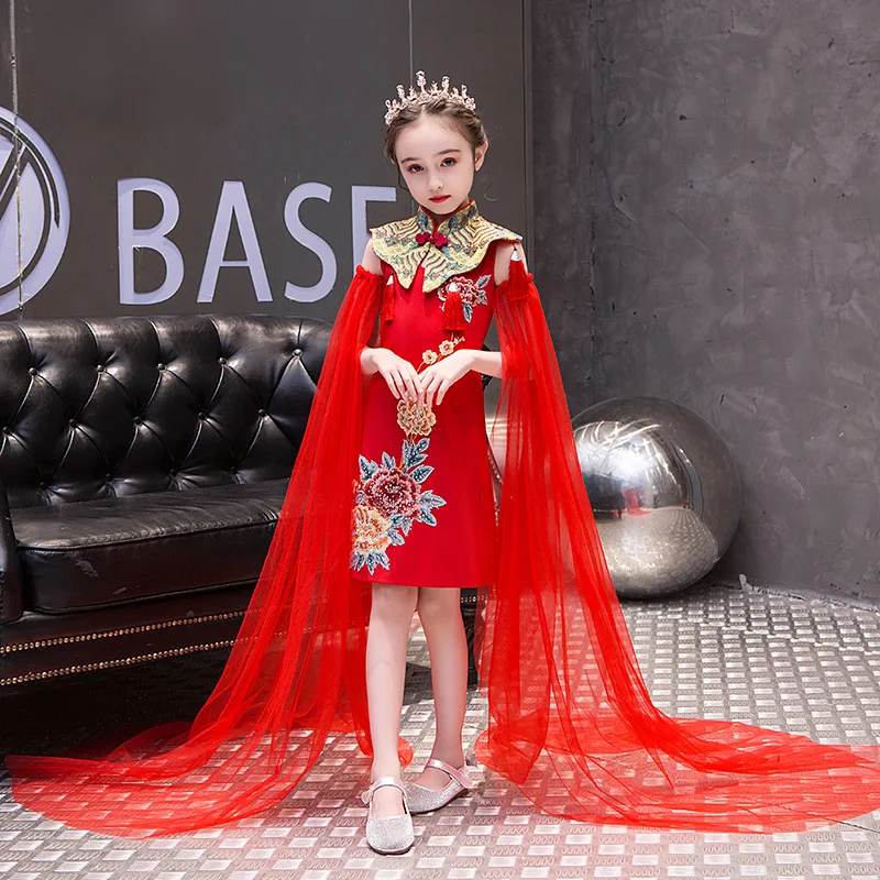

Chinese Style Formal Fringed Shawl Dresses Kids Dresses Girls Elegant Princess Dress Children Costume Wedding Dress Embroidery
