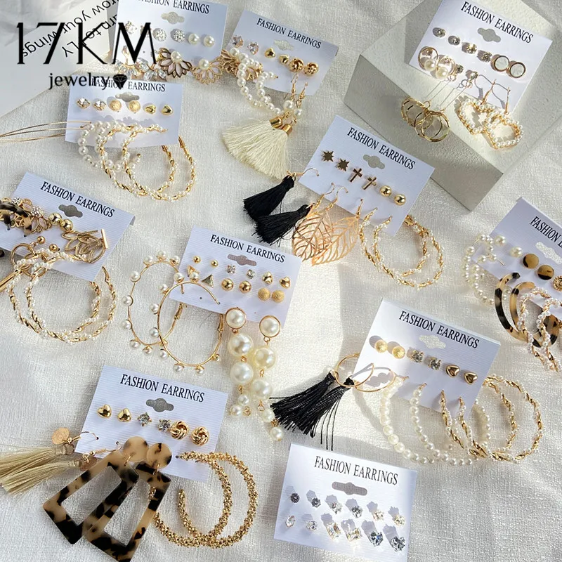 Round-Earrings Jewelry Twist-Pearl-Set Geometric 17KM Gold Vintage Women Fashion Hollow
