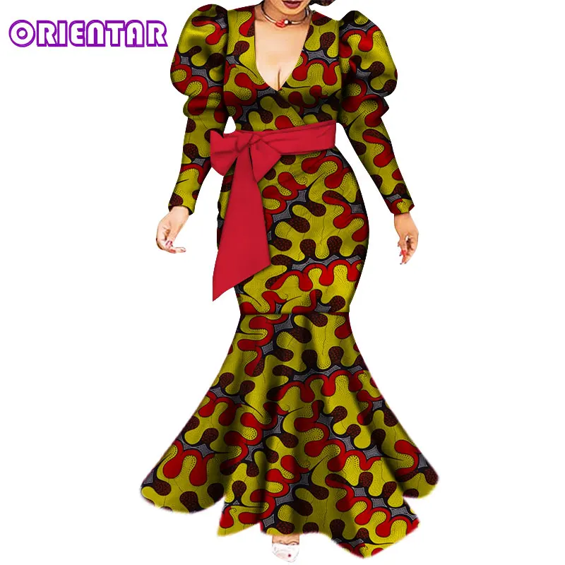 Африканская одежда, женское сексуальное платье с v-образным вырезом и пышными рукавами, африканские платья, Длинные вечерние платья, Африканский принт, хлопковое платье макси размера плюс, WY5494 - Цвет: 13