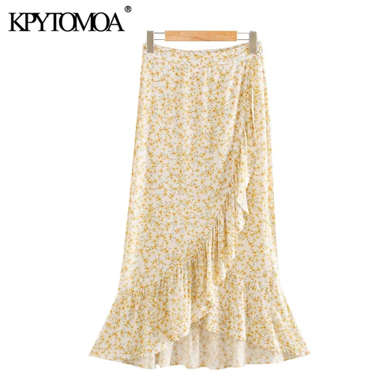 KPYTOMOA Women 2020 Chic Fashion Floral Print Ruffled Wrap Midi Skirt Vintage High Waist Side Zipper Female Skirts Faldas Mujer KPYTOMOA Women 2020 Chic Fashion Floral Print Ruffled Wrap Midi Skirt Vintage High Waist Side Zipper Female Skirts Faldas Mujer