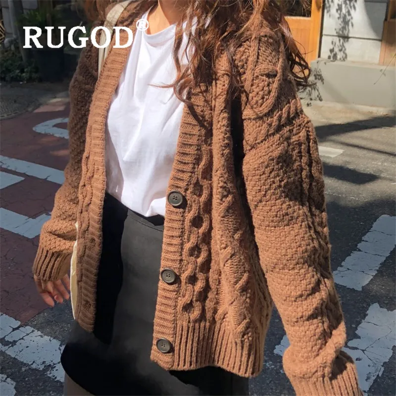 RUGOD корейский стиль Шикарный однобортный однотонный вязаный кардиган женский теплый мягкий свитер модный