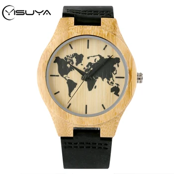 

YISUYA Wood Watch Men's Art Ink World Map Watch Natural Bamboo Wood Quartz Analog Handmade Clock Male Black Genuine Leather Hour