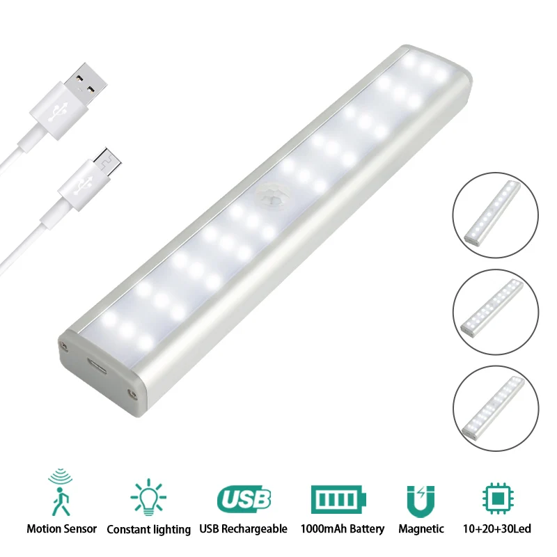 

30LED Cabinet Light 3 Modes Brightness Control PIR Motion Sensor Lamp for Wardrobe Closet USB Rechargeable Lighting Dropshipping