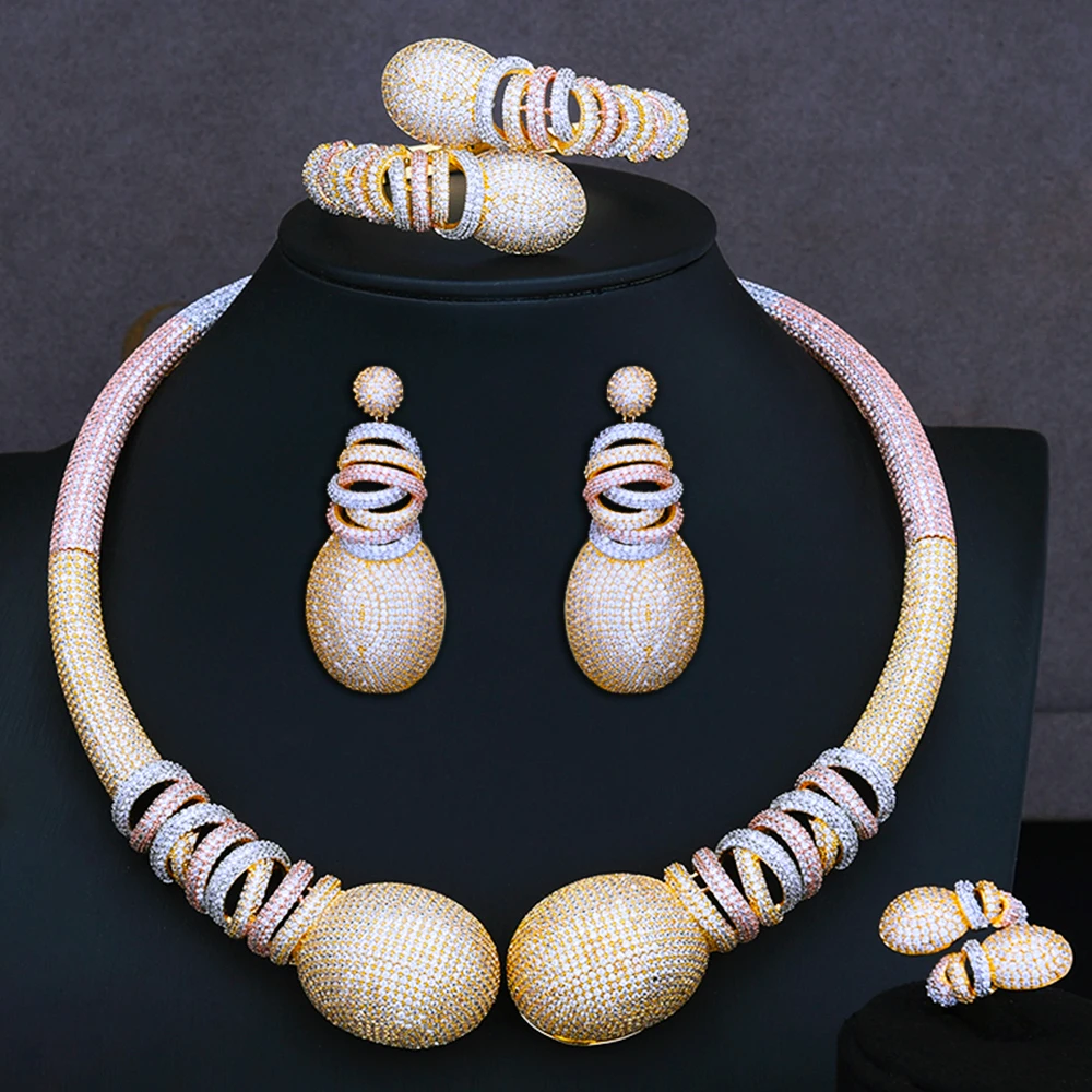 Soramoore New Original Dubai Luxury Bridal Wedding 4PCS Jewelry Set For Women Necklace Bangle Earrings Ring fashion jewelry Sets