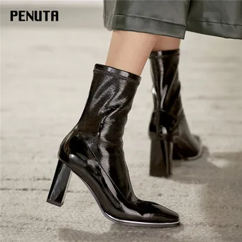

2020 PENUTA Square Toe High Heel Chunky Boots Patent Leather Cowgirl Boots Slim Fit Ladies Ankle Booties Black Shoes New D0082