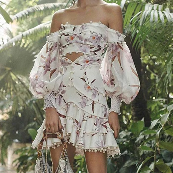 

Runway Dress 2020 Summer High Quality Luxury Designer Off Shoulder Floral Print Slim Party Vintage Empire Beading Dress Women