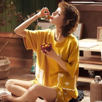 

2 Sets of Pajamas Women Summer Girls Pajamas Cotton Yellow Short-sleeved Shorts Sweet Love Cartoon Pocket Home Clothes Women