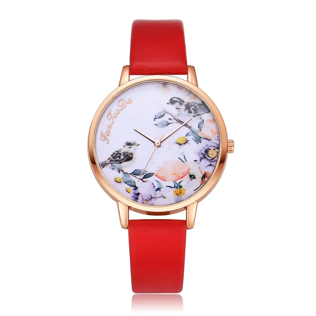 

Flower Bird Pattern Round Dial Quartz Wristwatches Women Fashion Hours Watch Soft Leather Belt Wrist Watches relojes mujer 2018