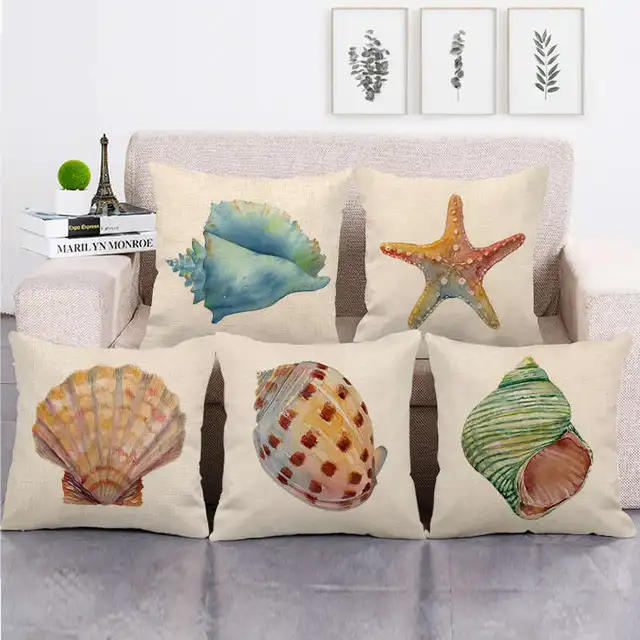 Home Decor Cushion Cover 45x45cm Ocean Style Sofa Seat Decoration Throw Pillowcase Conch Shell Printed Square Linen Pillow Cover 1