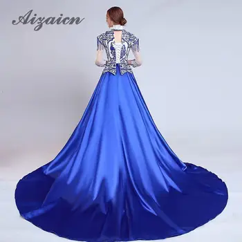 

Blue And White Oriental Evening Dress Women Fashion Trailing Party Dresses Cheongsam Long Backless Qipao Robe Chinoise Qi Pao