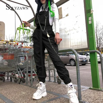 

Cotton Neon Green Jumpsuits Women's bodysuit Shoulder Chain Buckle Pocket with Belt Romper 2019 Women Long Jumpsuit Streetwear