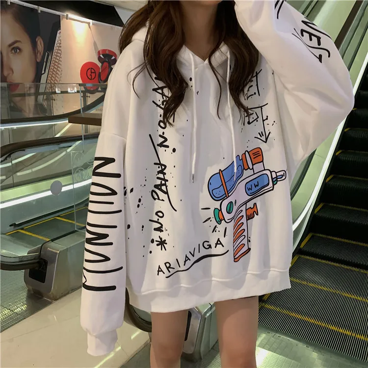 Корейская мода мультфильм печати балахон для женщин Зимний пуловер Harajuku негабаритных с длинным рукавом Толстовка школьницы уличная